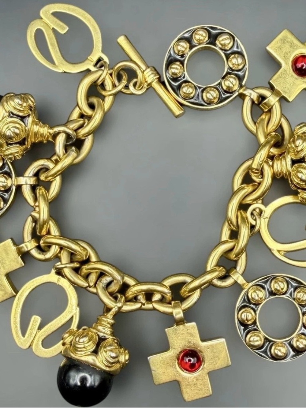 St. John Women’s 90s Chunky Gold Plated Charm Bracelet Black Enamel Red Glass